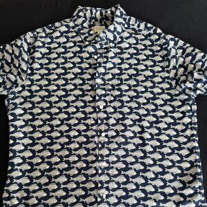 Men's Linen Short SleeveButton Down Fish Pattern